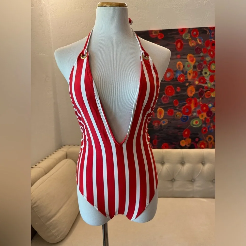 Milly Cabana red & white stripped deep V neck one piece swimsuit size 0P